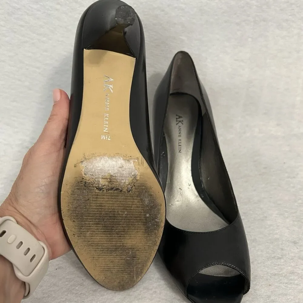 Anne Klein Heels Women 7.5M Black Masirarabc Peep Toe Office Elegant Vintage